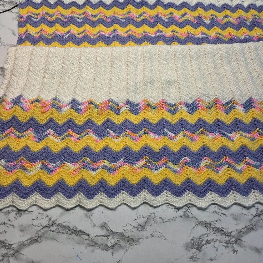 Handmade Yellow Purple Striped Crocheted Easter Baby Blanket